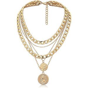 Layered Necklaces for Women Trendy Retro Coin Pendant Necklace Dainty Chunky Cha